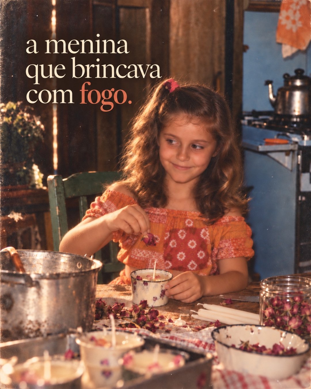 Ilustração editorial de uma menina preparando velas com botões de rosa sobre uma mesa, imagem da campanha sobre a origem da EUFLORIA Aromas.